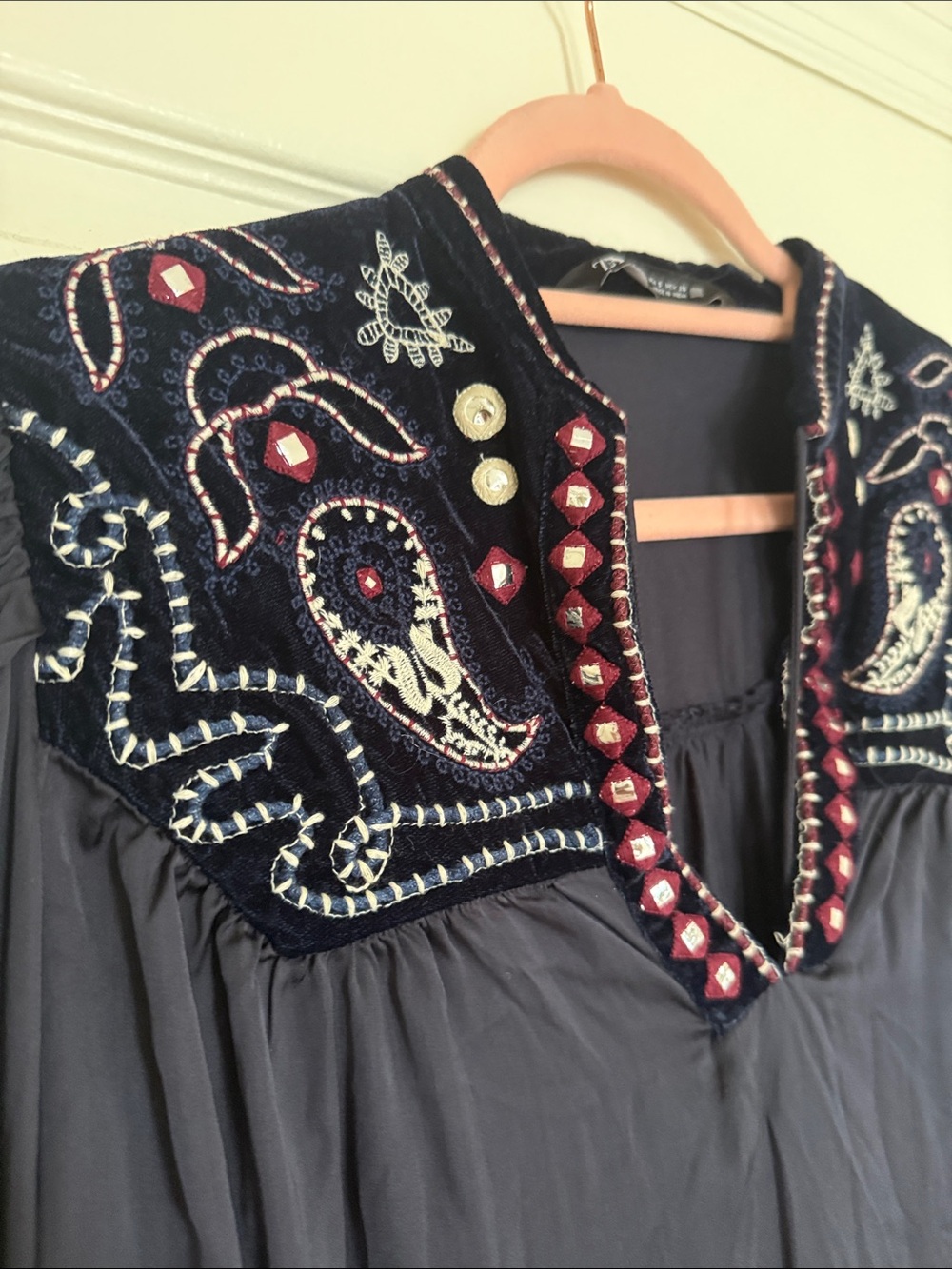 Zara Embroidered Navy Peasant Blouse with Beaded Trim